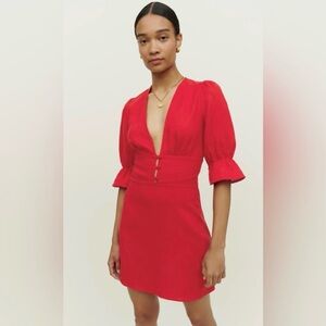 NWOT Reformation Simi Mini Dress Size 6 100% Linen Red V-Neck Puff Sleeve ~ $218